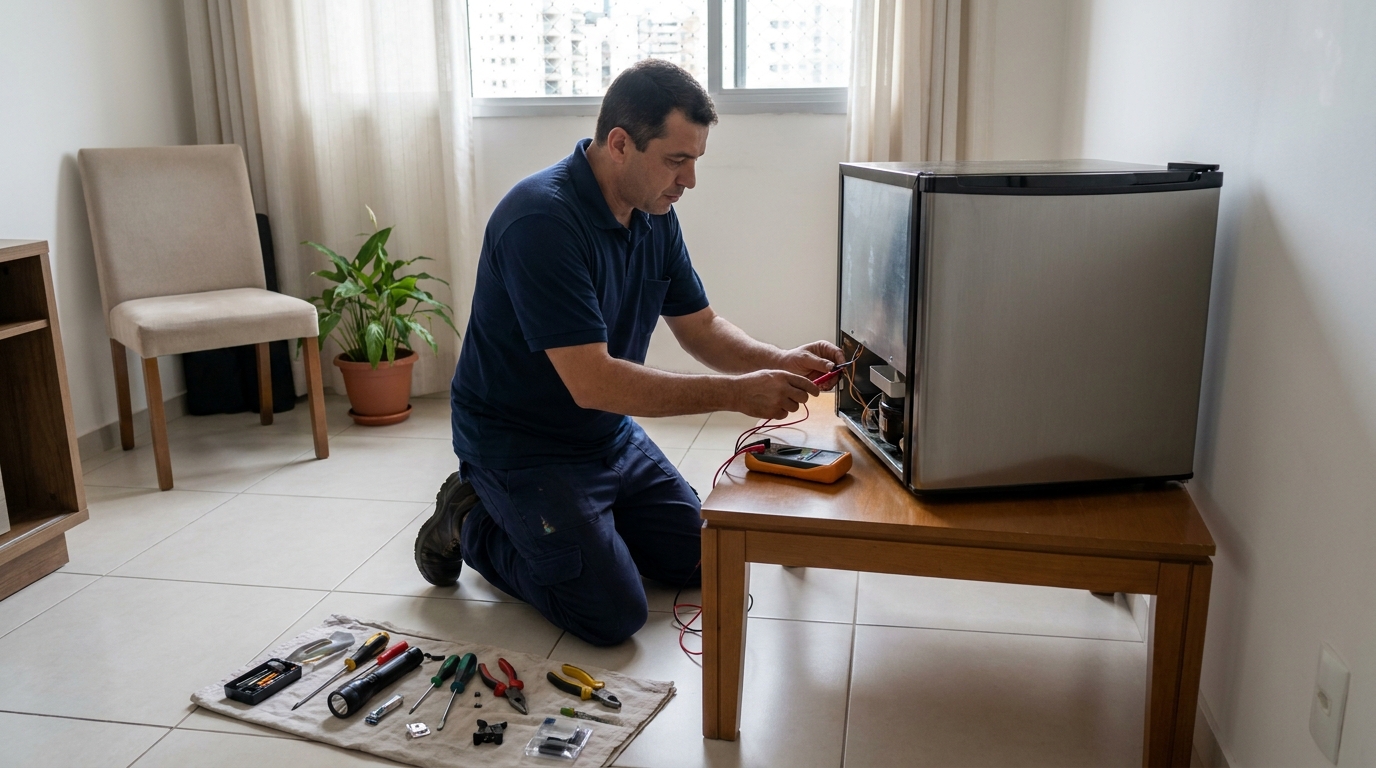 Técnico fazendo manutenção do motor de frigobar em Uberaba‑MG