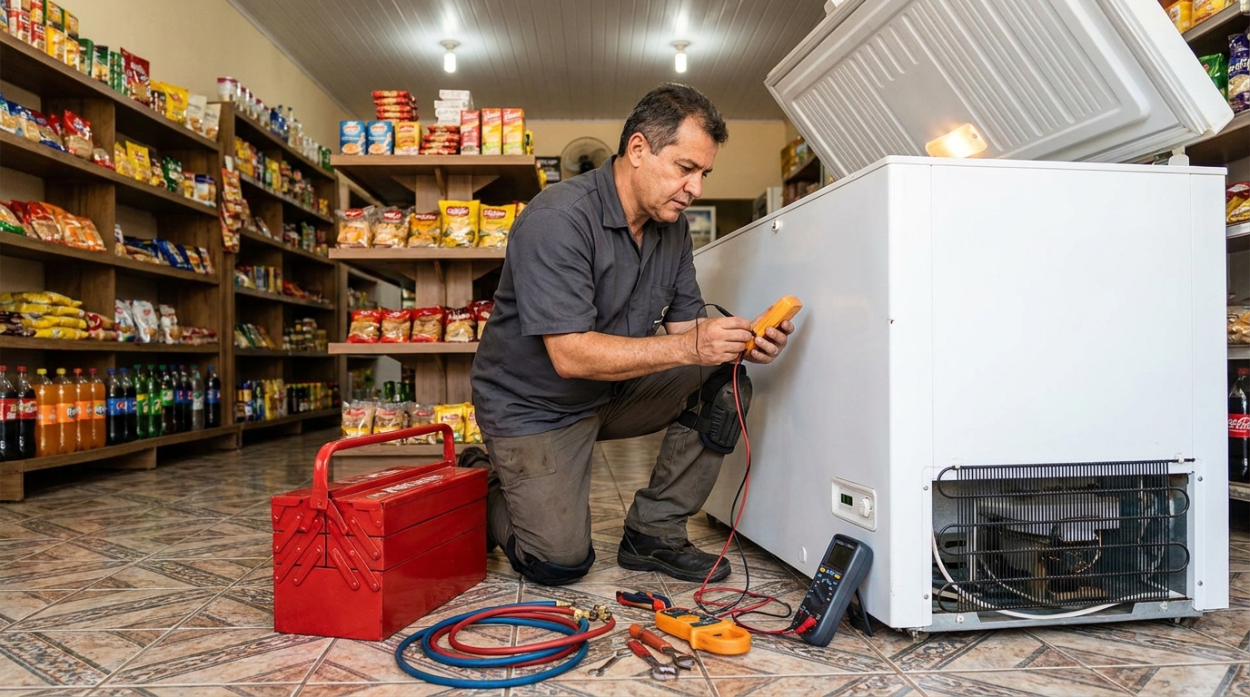 Recarga de gás refrigerante no freezer durante atendimento em Uberaba‑MG