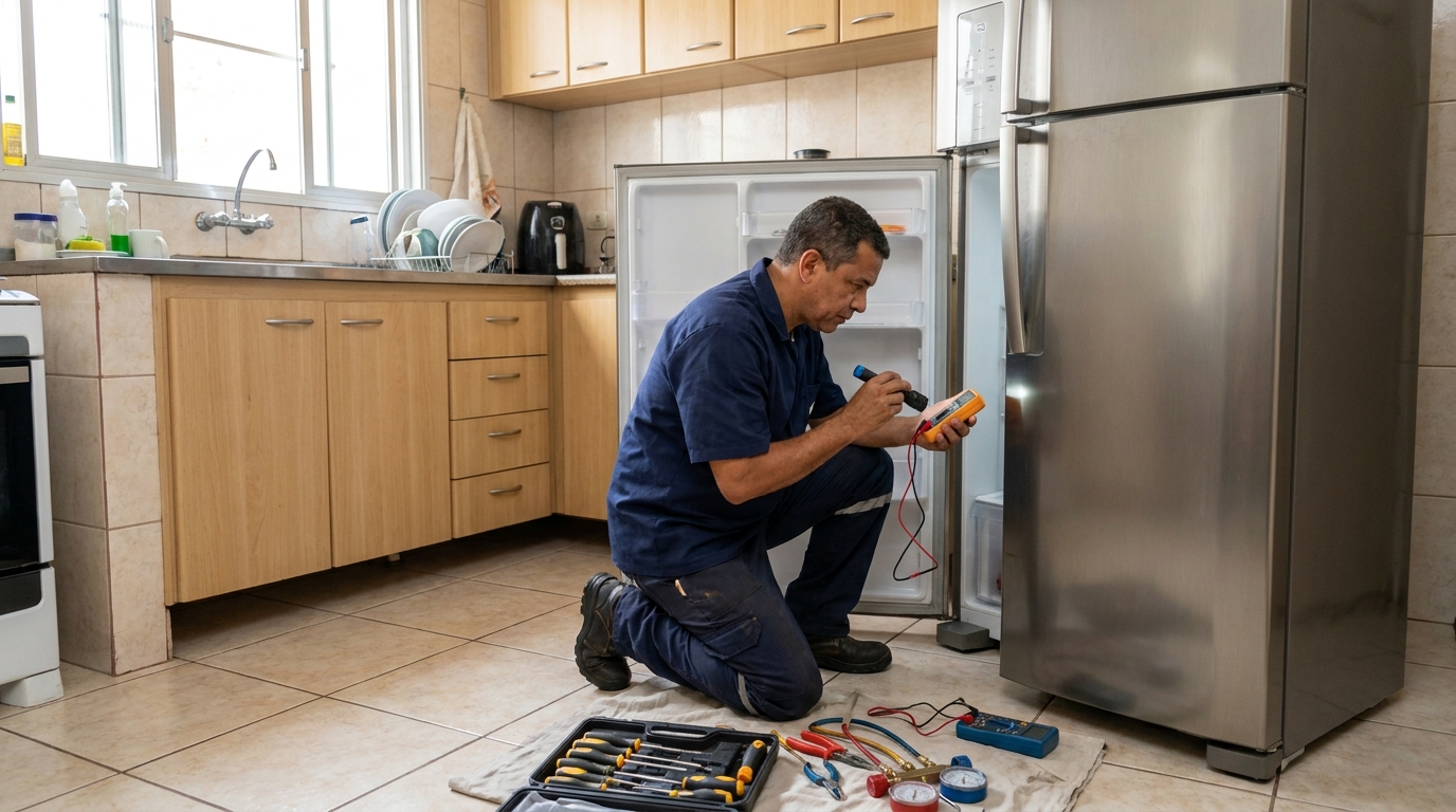 Técnico aplicando recarga de gás refrigerante em geladeira em Uberaba‑MG