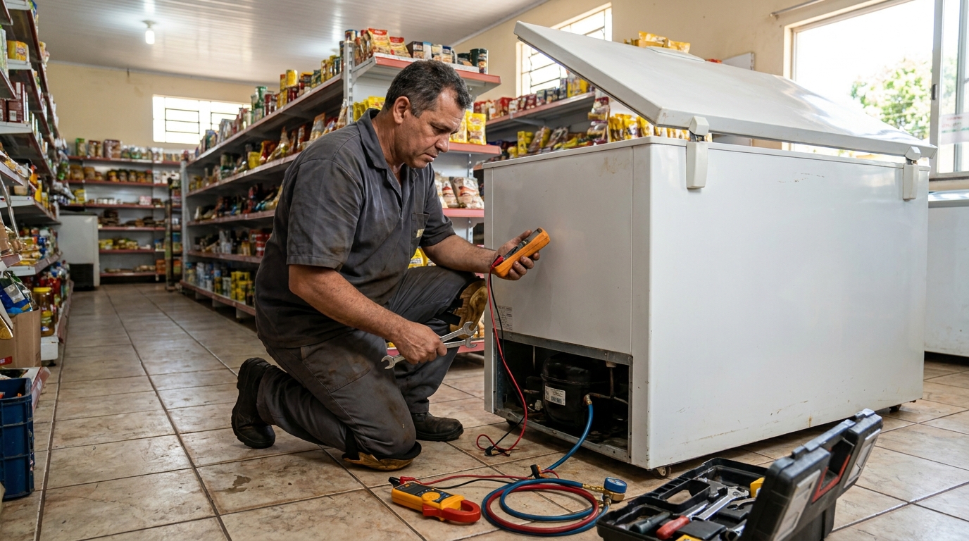 Substituição de termostato de freezer em visita técnica em Uberaba‑MG